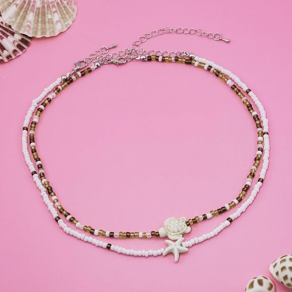 Bohemian Beaded Necklace for Women Layered Choker with Turtle Starfish Charm - Picture 5 of 6